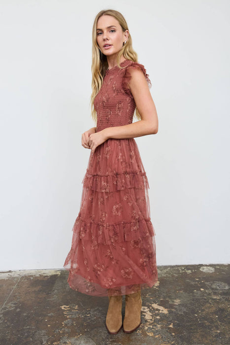 Smocked Ruffle Tiered Floral Midi Dress