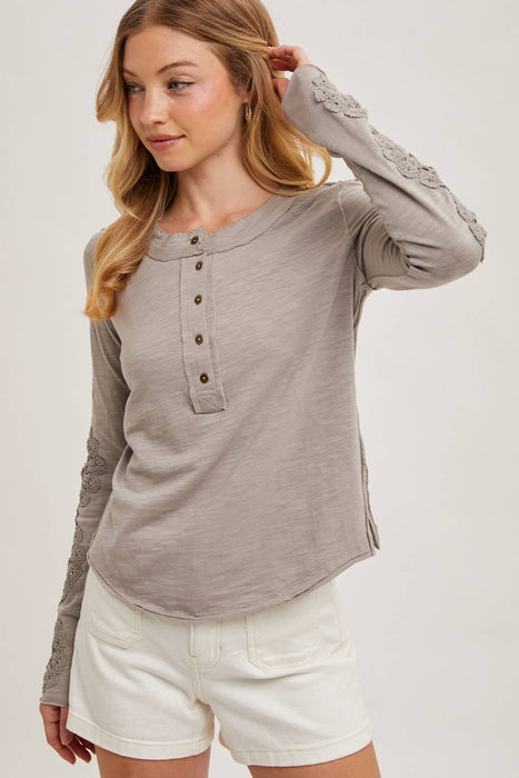Crochet Patch Sleeved Half Button Round Neck Top