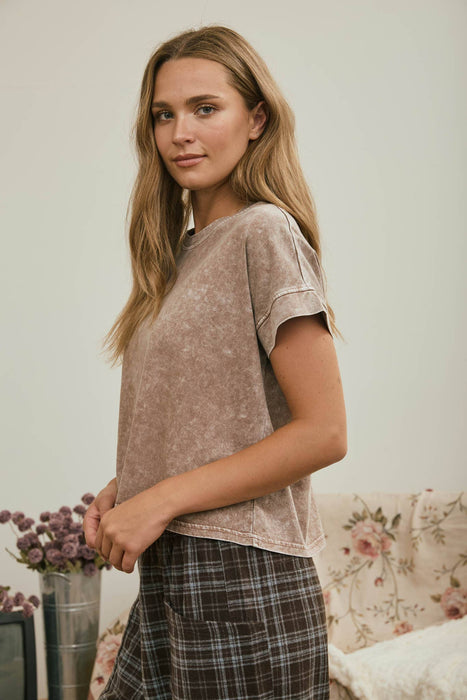Cocoa Washed Short Sleeve Boxy Knit Top