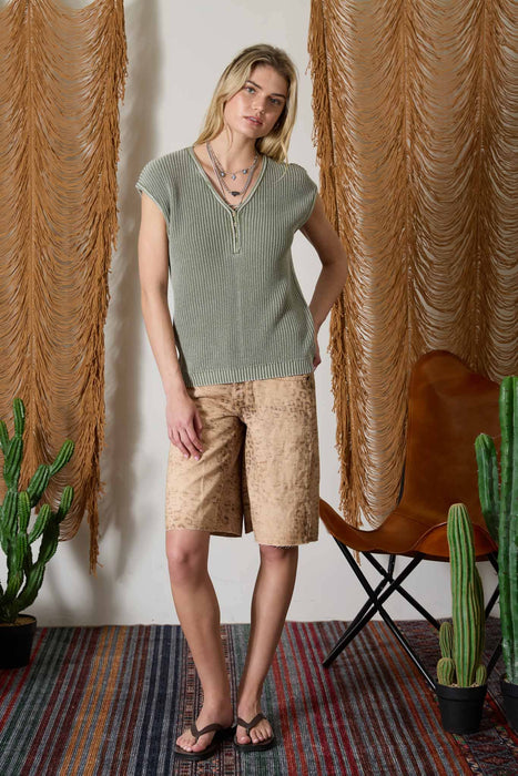 Indigo Raw Edge Short Sleeve Henley Sweater Knit Top