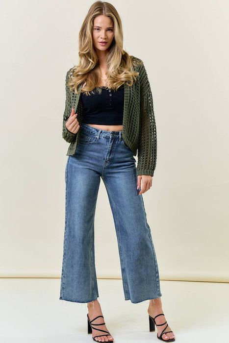 Crochet Fishnet Cropped Open Cardigan  - OLIVE