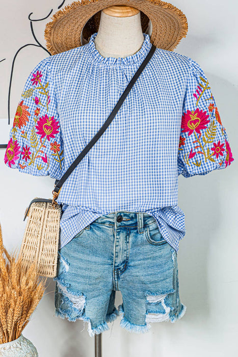 Gingham Floral Embroidered Puff Sleeve Blouse | S-XL