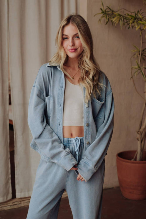 Lt. Blue Cropped Washed Soft Button Up