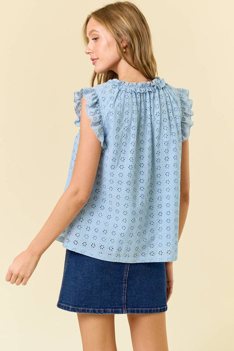 Cotton Eyelet Ruffle Neckline Cap Sleeve Top - White or Blue