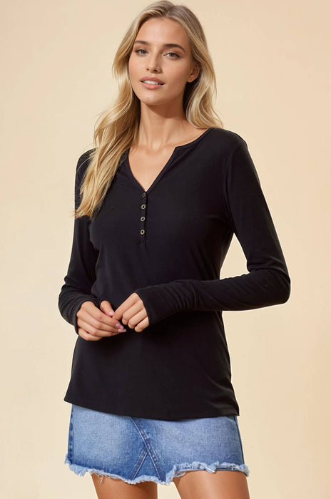 Black Henley Knit Top