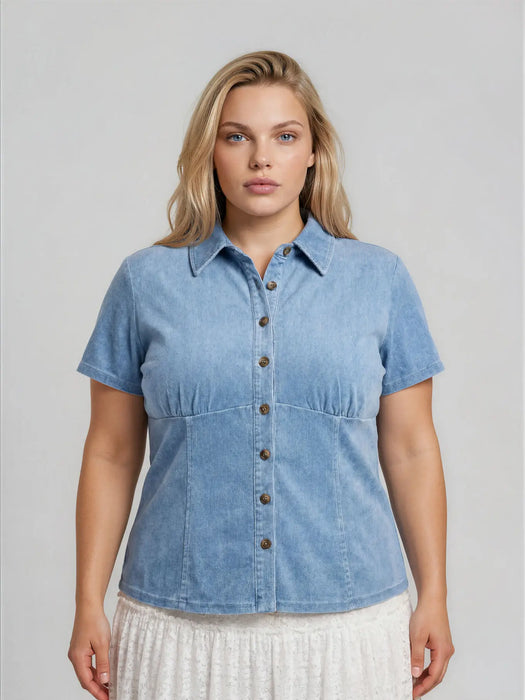 PLUS Collared Button Down Cinched Waist Denim Top