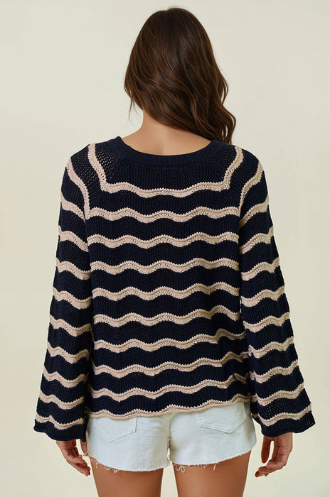 Striped Pointelle Bell Sleeve Sweater Top