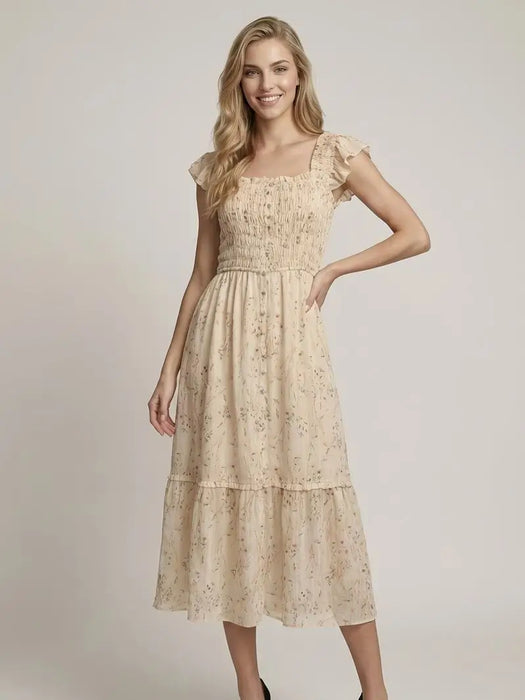 Smock Bodice Ruffle & Covered Button Detail Dress