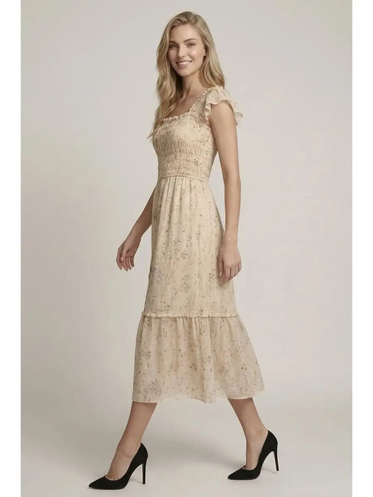 Smock Bodice Ruffle & Covered Button Detail Dress
