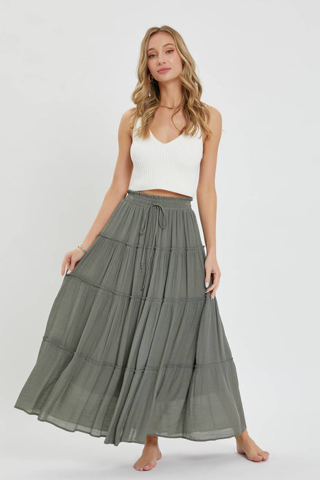 Olive Flowy Tiered Maxi Skirt