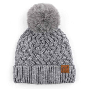 C.C. Woven Cable Knit Cuffed Pom Beanie