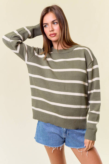 Olive Scallop Neckline Long Sleeve Striped Sweater Top