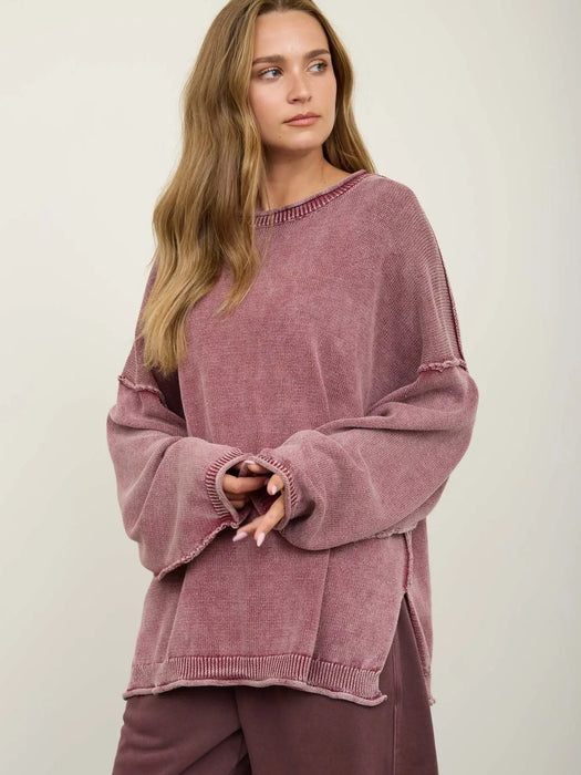 Burgundy Washed Raw Edge Crew Neck Drop Sleeve Sweater
