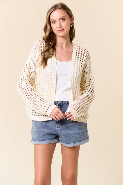 Fishnet Cropped Open Cardigan - Off White