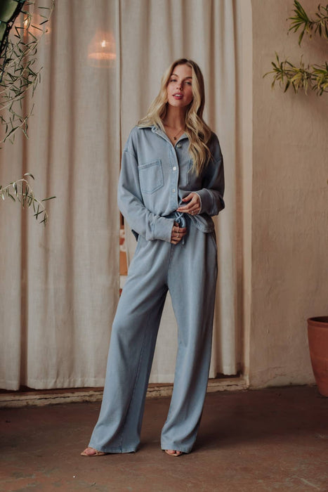 Lt. Blue Cropped Washed Soft Button Up