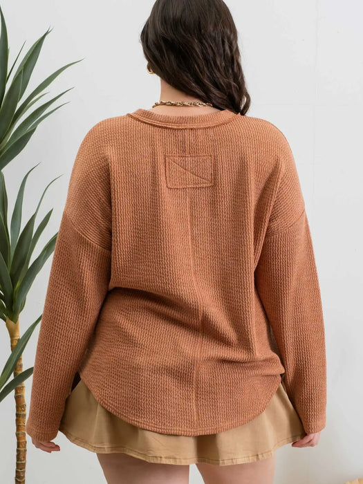 PLUS Terracotta Waffle Knit Henley Long Sleeve Knit Top