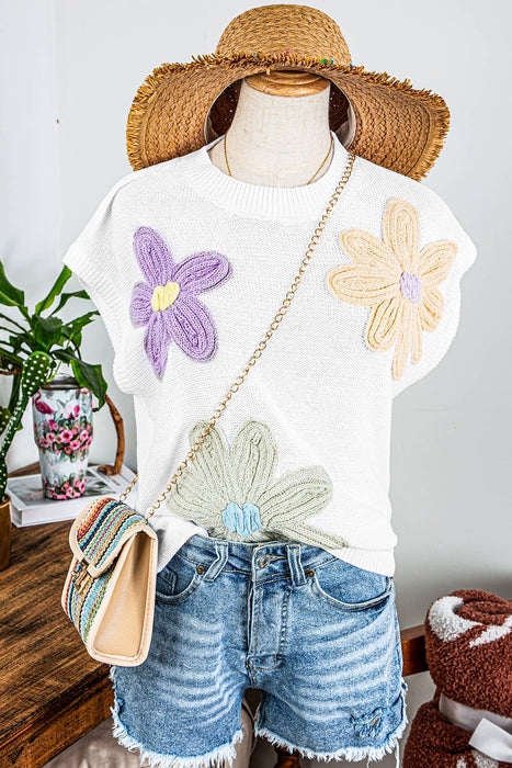 Crochet Flower Knit Short Sleeve Sweater Tops | S-XL