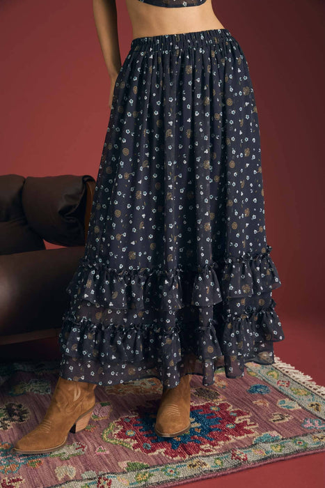Floral Ruffled Tiered Hem Midi Skirt