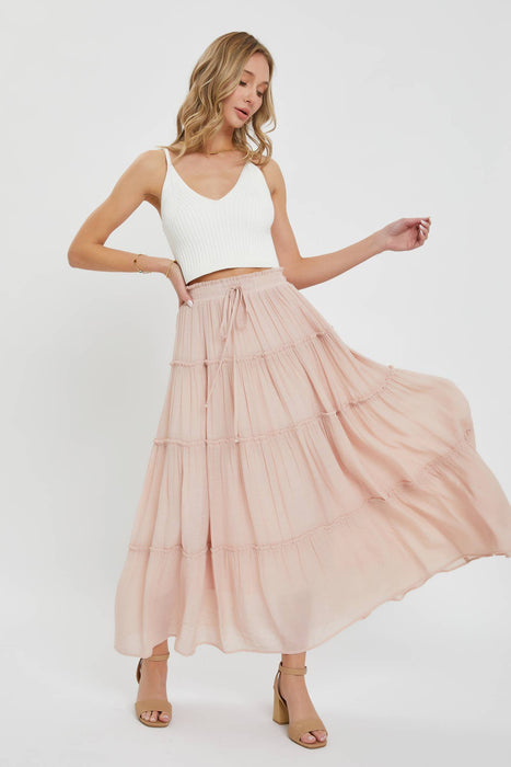 Olive Flowy Tiered Maxi Skirt