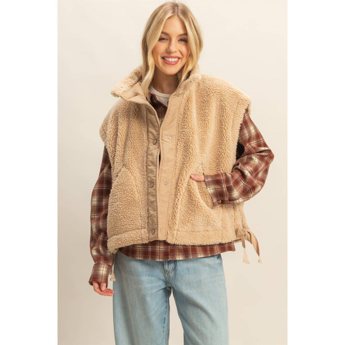Beige Cozy Sherpa Vest Jacket with Tie-Up Side Details
