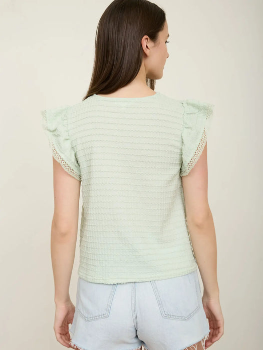 Mint Textured Ruffle Sleeve Line Lace Detail Top JUNIORS