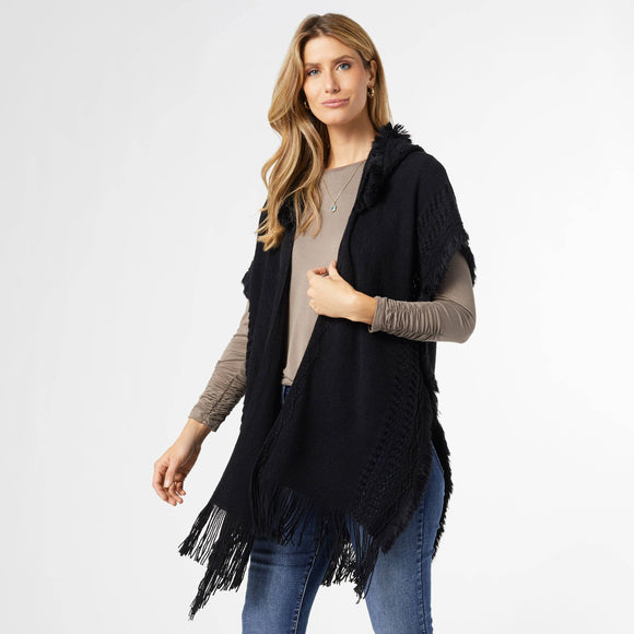 Eloise Hooded Ruana with Frayed Fringe One Size Black