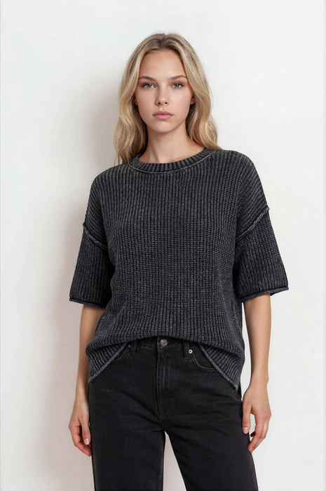 Burgundy Washed Raw Edge Short Sleeve Sweater