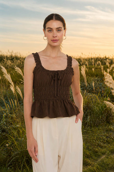 Brown Ruffled Front Tie Shirred Waist Tank Top