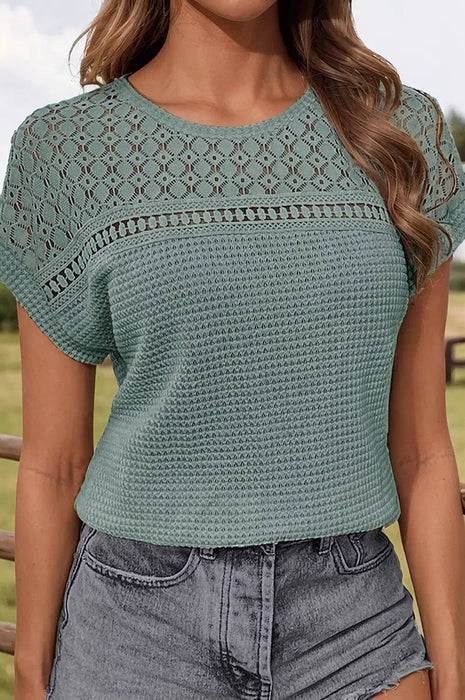 Green Lace Patchwork Waffle Top | S-XL