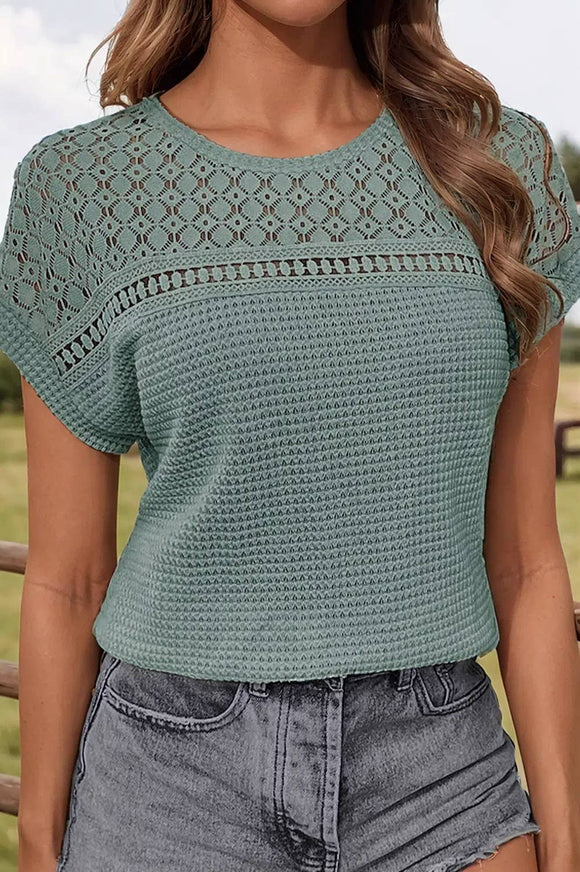 Green Lace Patchwork Waffle Top | S-XL