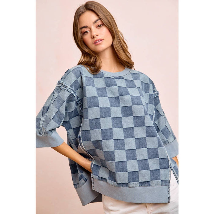 Denim Washed Checkered Short Sleeve Top