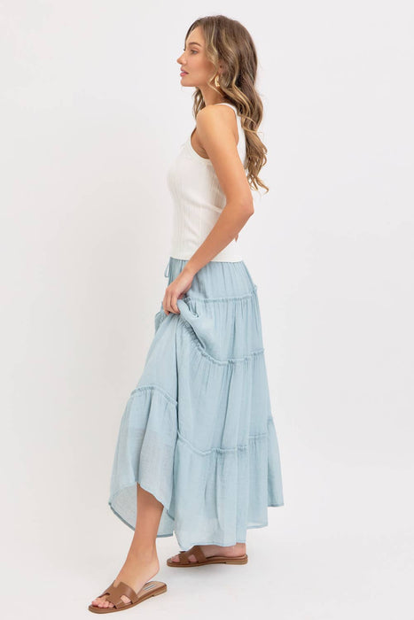 Olive Flowy Tiered Maxi Skirt