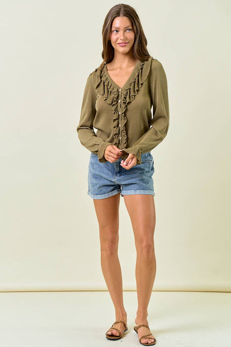 Olive Ruffle Button Front Top