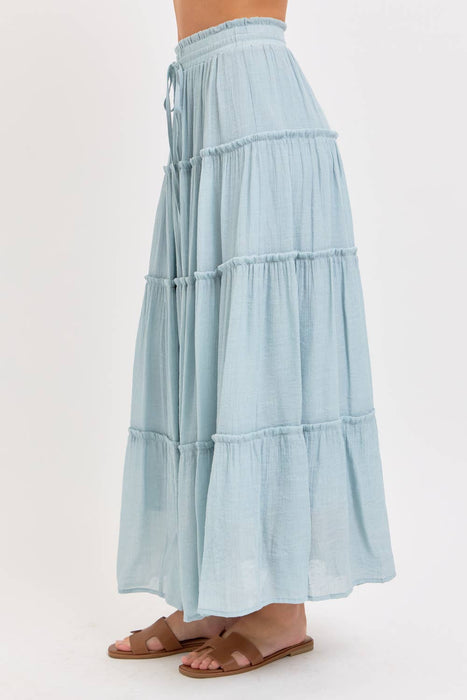 Olive Flowy Tiered Maxi Skirt