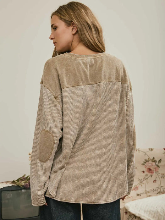 Taupe Boxy Textured Long Sleeve Washed Knit Top