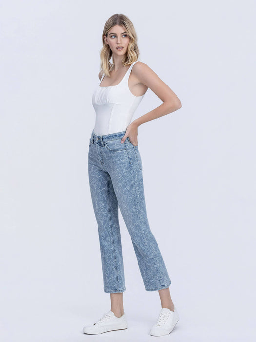 High Rise Floral Easy Flare Cropped Denim Jeans