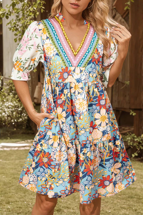 Boho Floral Crochet Patchwork Loose Mini Dress | S-XL