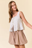 Floral Embroidered Front Tie Sleeveless Ruffle Top