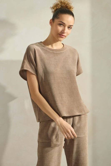 Mocha Corduroy Short Sleeve Top Cropped Pant Set (Sold separately)