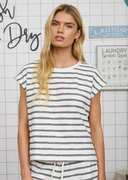 White & Navy Striped Short Sleeve Knit Top