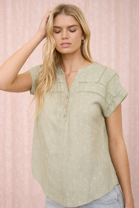 Light Olive Polka Dot Lace Trim Half Button Short Sleeve Top