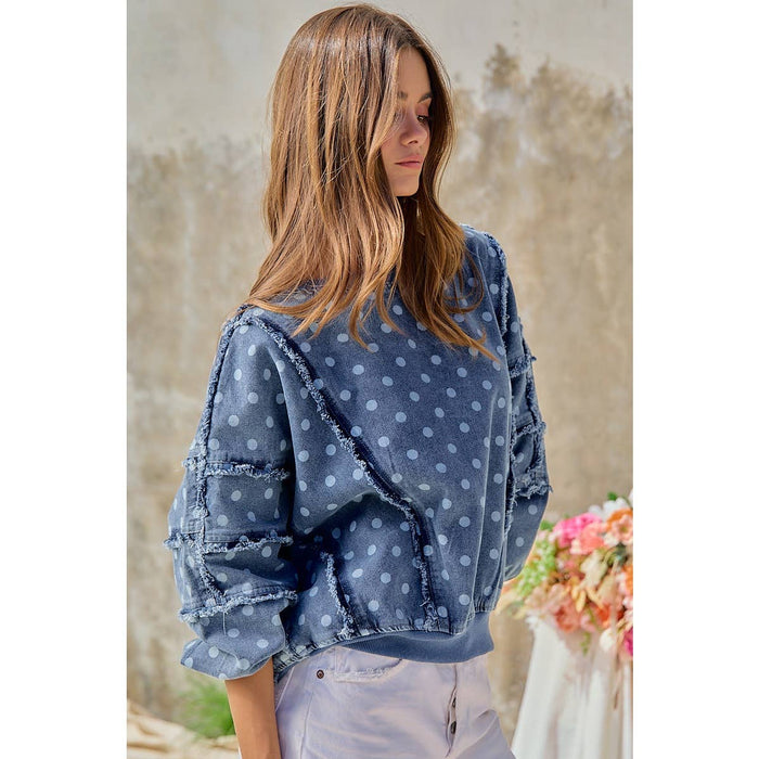 Denim Polka Dot  Frayed Edge Detail Top