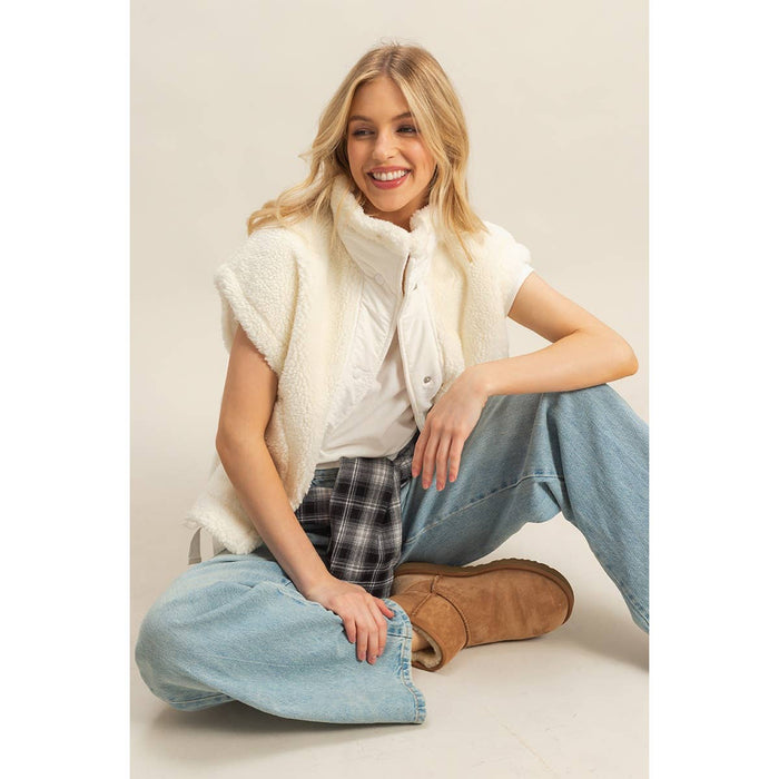 Soft Olive Cozy Sherpa Vest Jacket with Tie-Up Side Details