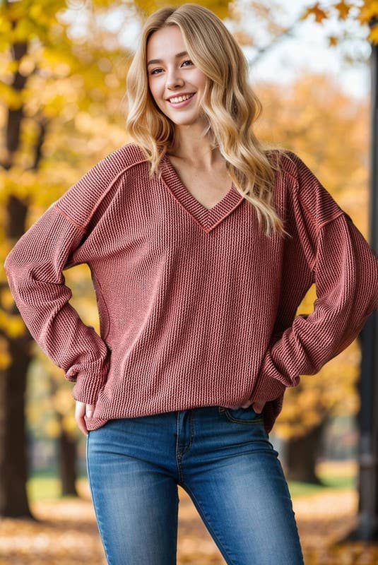 PLUS Long Puff Sleeve Ribbed Top | Rust