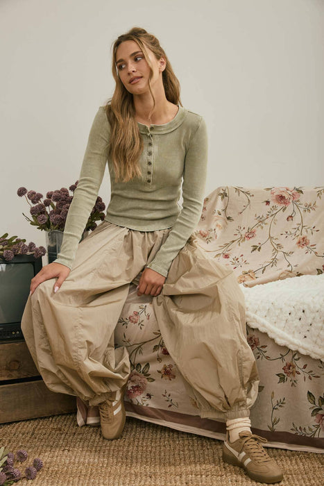 Light Olive Washed Long Sleeve Ribbed Henley Top