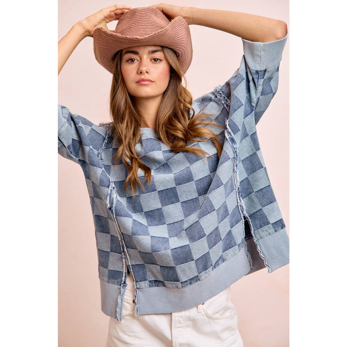 Denim Washed Checkered Short Sleeve Top