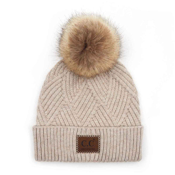 C.C. Large Patch Heathered Pom Beanie