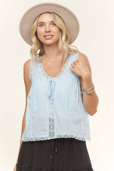 Sleeveless Front Lace Trim Blouse