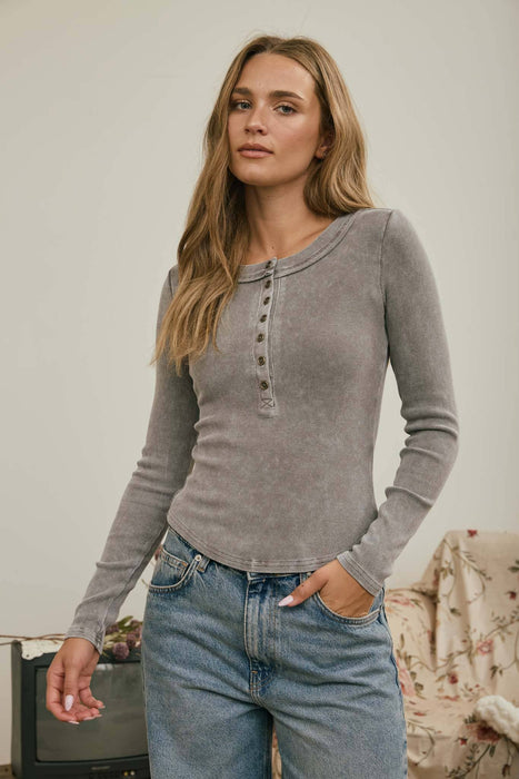 Charcoal Washed Long Sleeve Ribbed Henley Top
