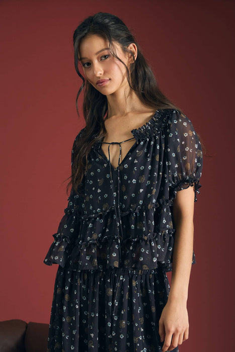 Floral Smocked Neckline Puff Sleeve Top